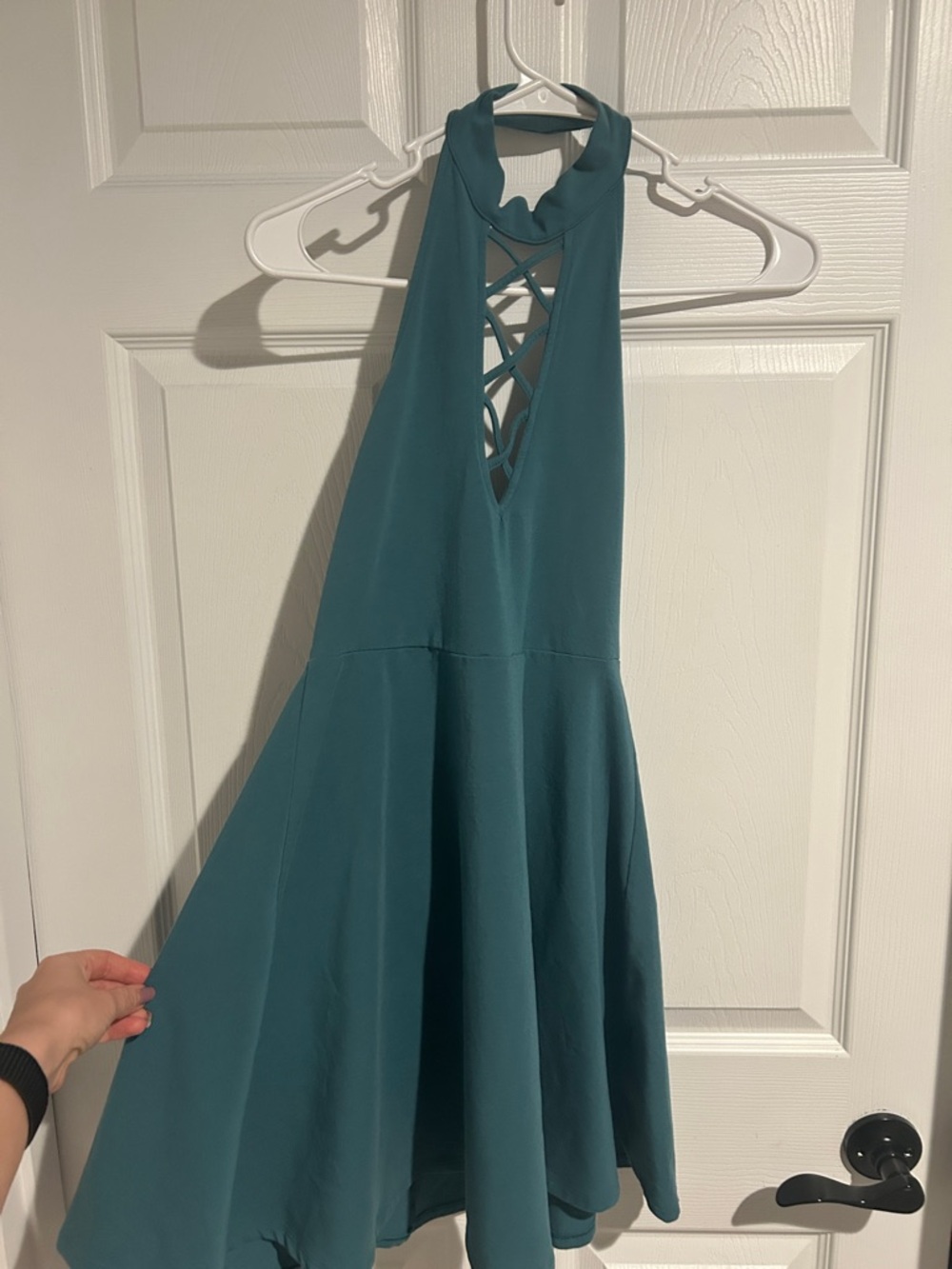 Express Teal Halter Mini Dress with Lattice Back